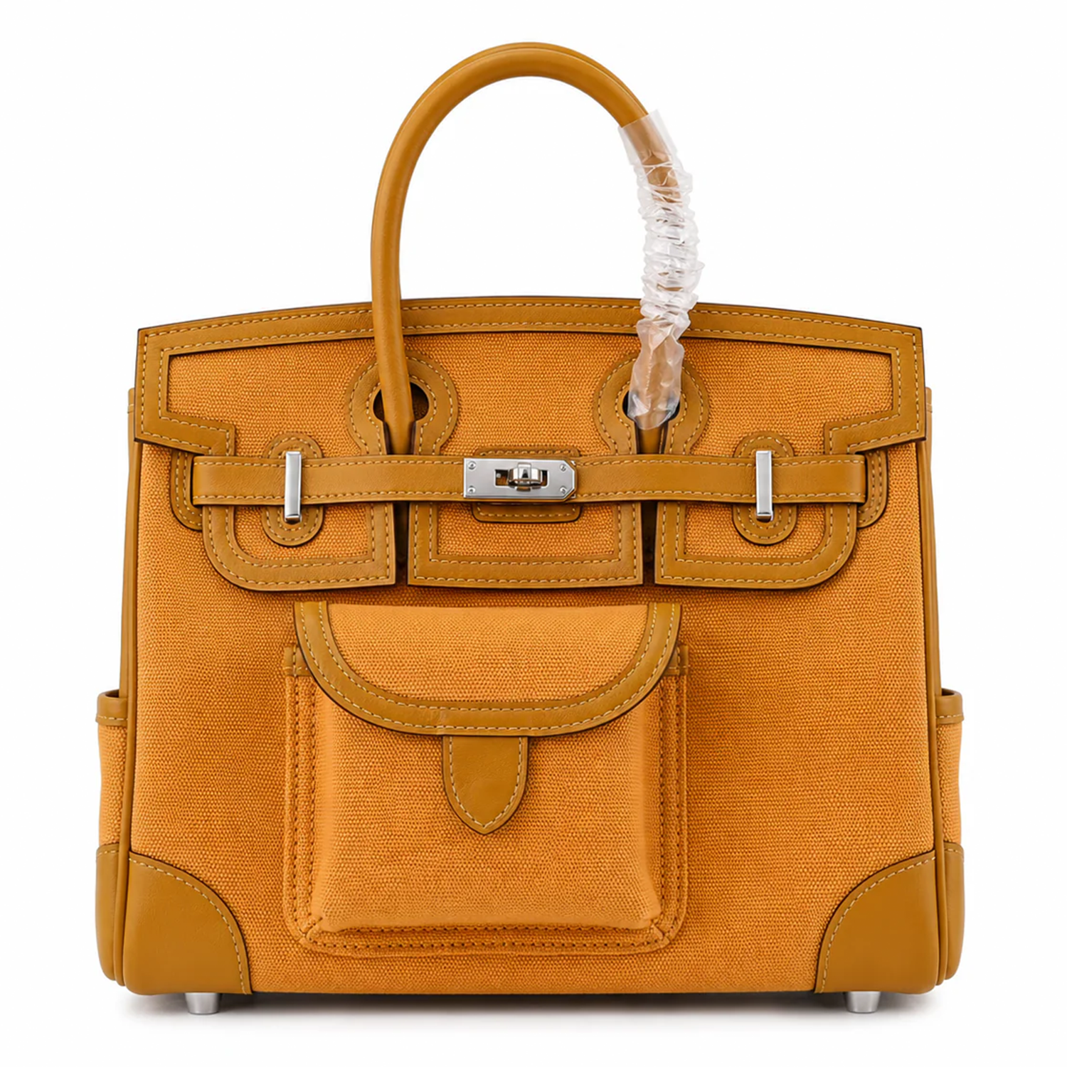 Warm Amber Yellow Woven Spliced Structured Utility Trapezoid Tote With Front Patch Pocket And Sleek Silvery Twist Lock Hardware Detail
