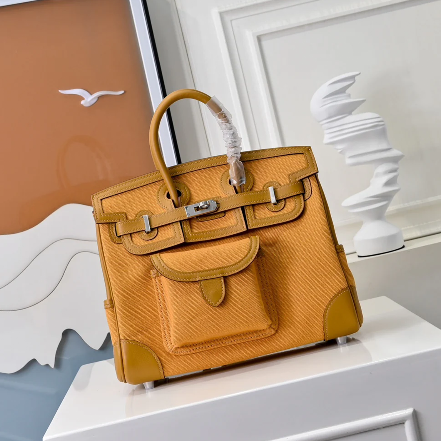 Warm Amber Yellow Woven Spliced Structured Utility Trapezoid Tote With Front Patch Pocket And Sleek Silvery Twist Lock Hardware Detail