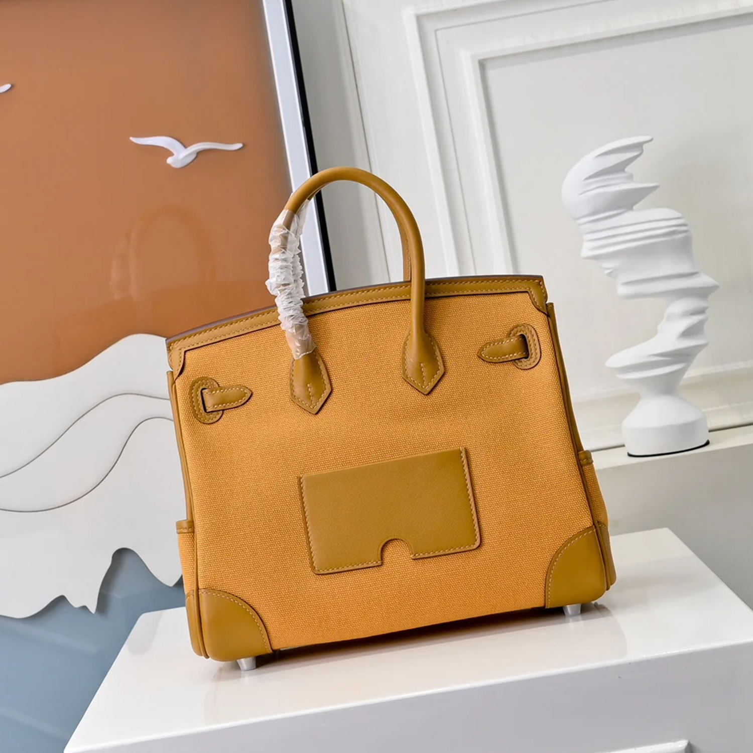 Warm Amber Yellow Woven Spliced Structured Utility Trapezoid Tote With Front Patch Pocket And Sleek Silvery Twist Lock Hardware Detail