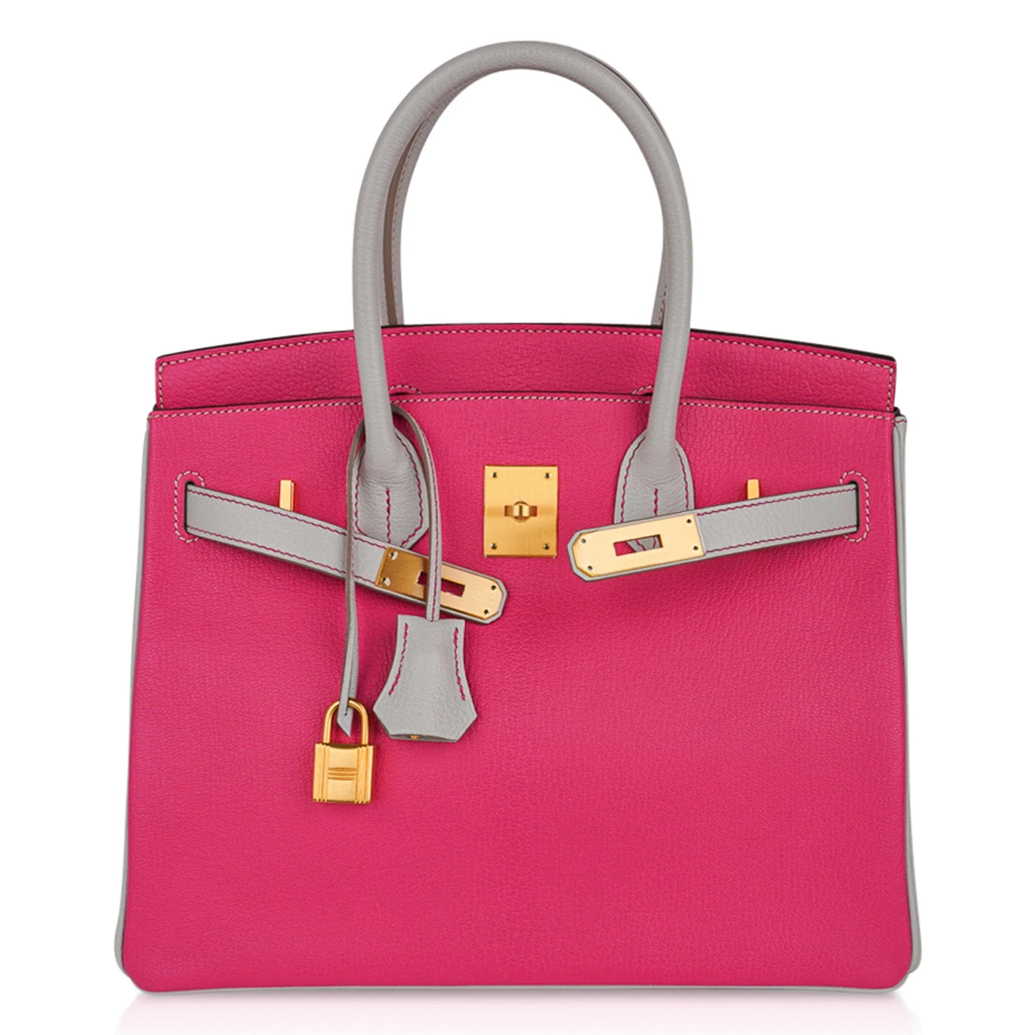 Vivid Hot Pink And Muted Pale Grey Dual Tone Medium Structured Trapezoid Tote With Brushed Golden Twist Lock Hardware And Contrast Edge Stitching