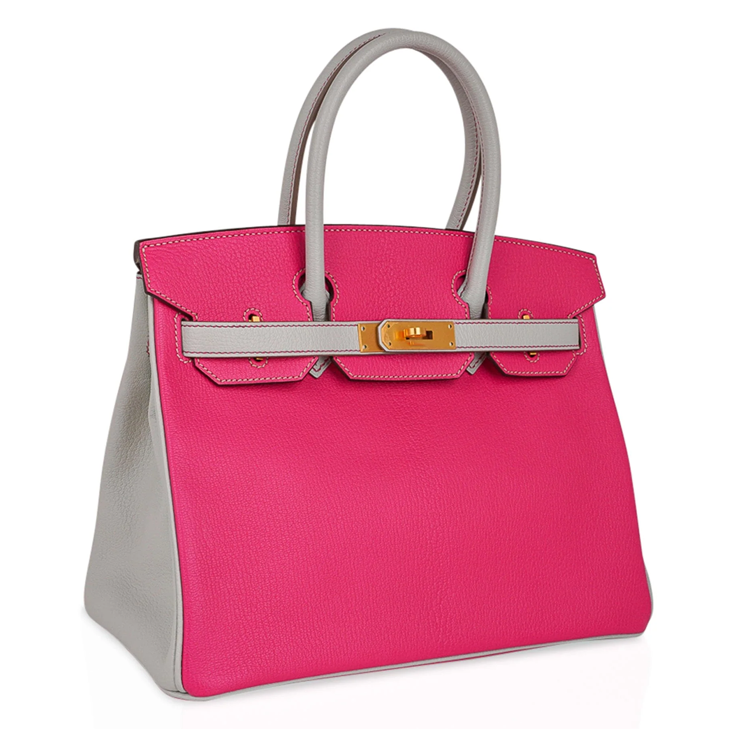 Vivid Hot Pink And Muted Pale Grey Dual Tone Medium Structured Trapezoid Tote With Brushed Golden Twist Lock Hardware And Contrast Edge Stitching