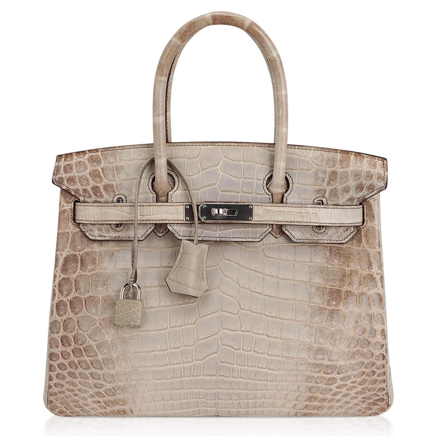 Pale Neutral Dusty Taupe Gradient Scaled Medium Structured Trapezoid Tote With Sleek Silvery Twist Lock Hardware And Textured Suspended Metal Padlock Charm