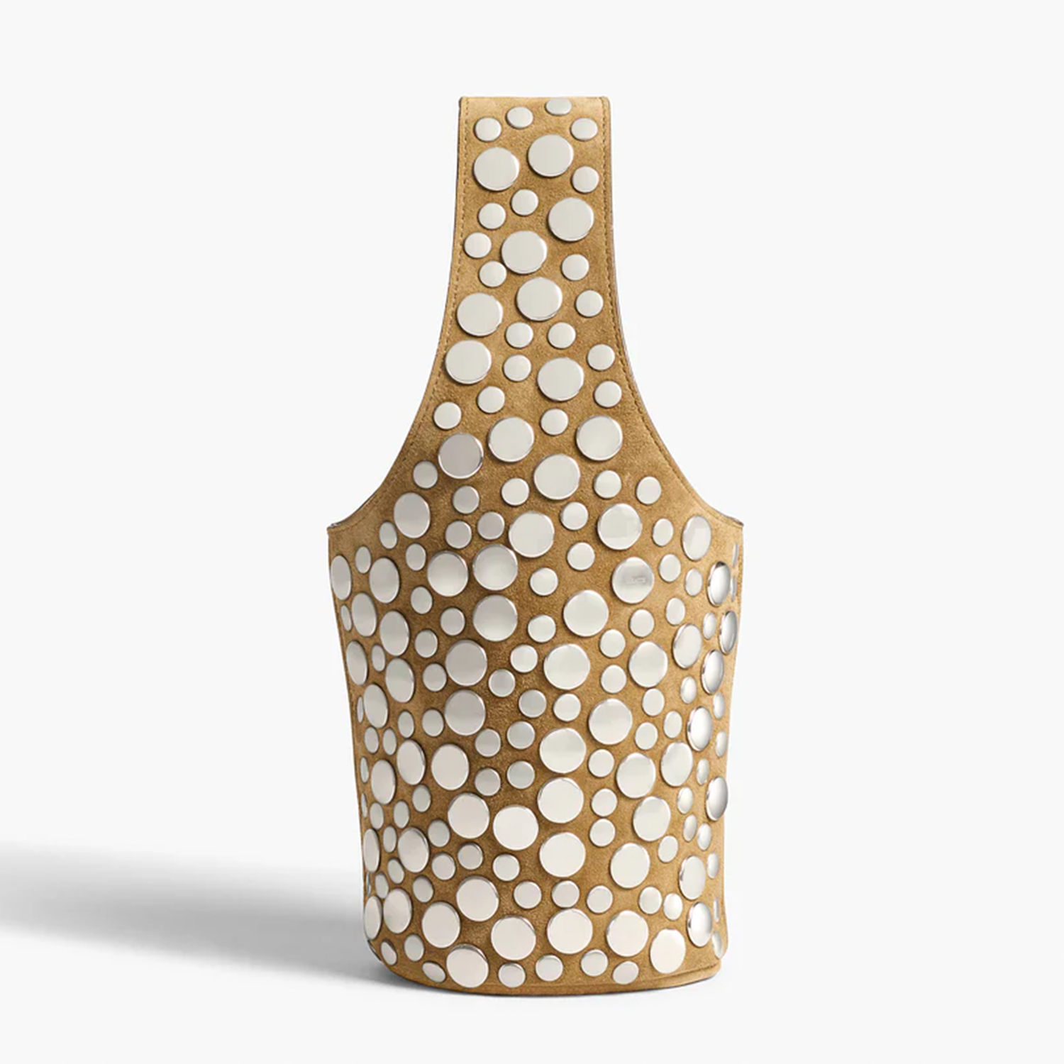 Warm Sandy Tan Unique Bottle Shaped Compact Hand Pouch With Multi Sized Round Silvery Disc Embellishments And Integrated Carry Strap