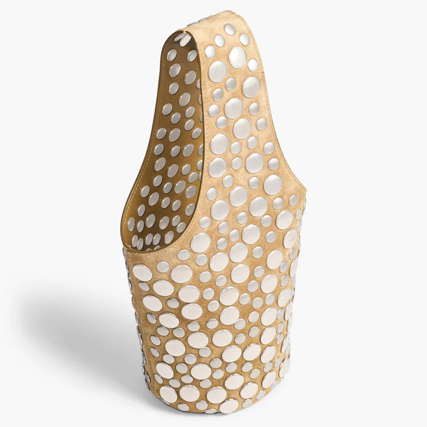 Warm Sandy Tan Unique Bottle Shaped Compact Hand Pouch With Multi Sized Round Silvery Disc Embellishments And Integrated Carry Strap