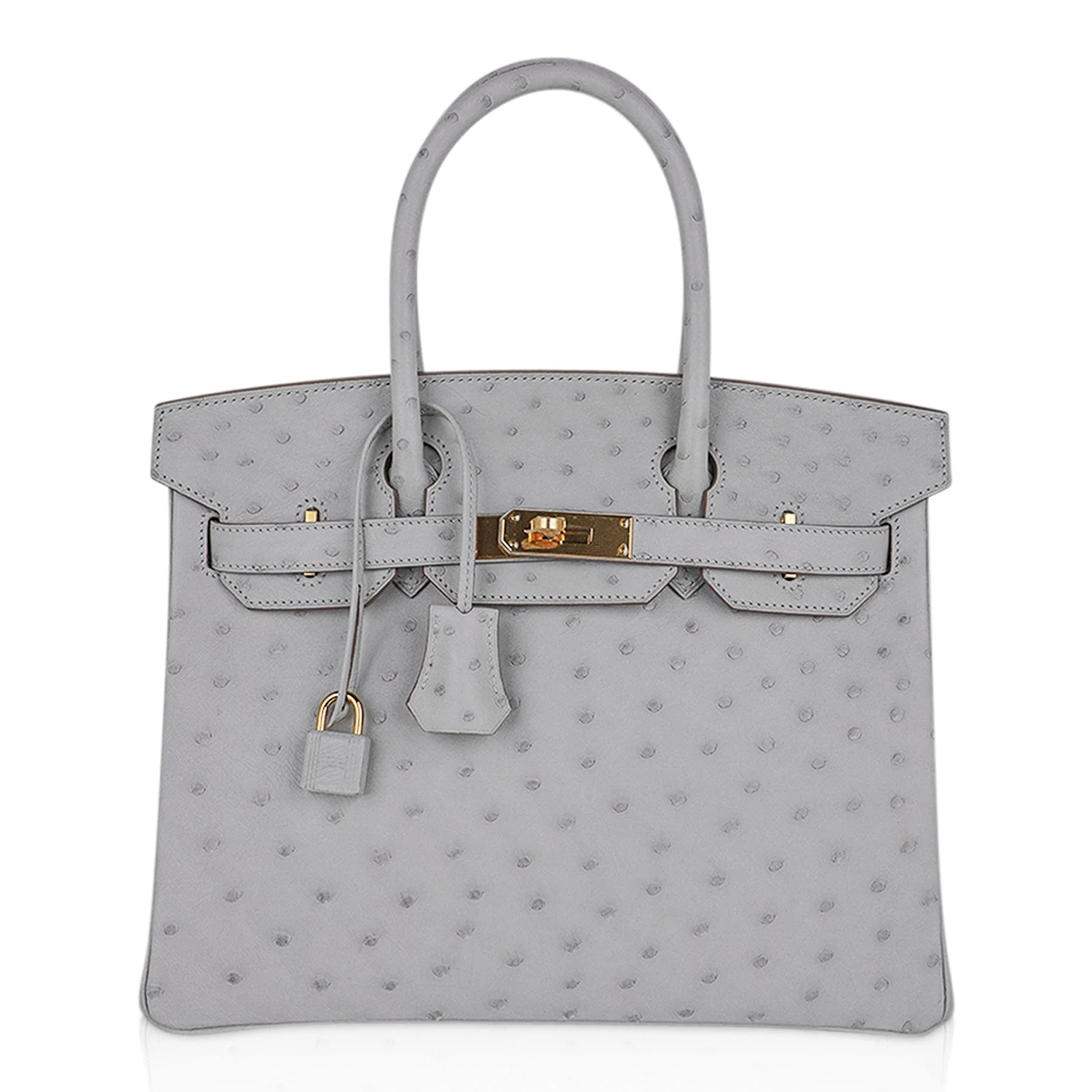 Gentle Pale Pearl Grey Speckled Medium Structured Trapezoid Tote With Radiant Warm Golden Twist Lock Hardware And Suspended Textured Metal Padlock Charm