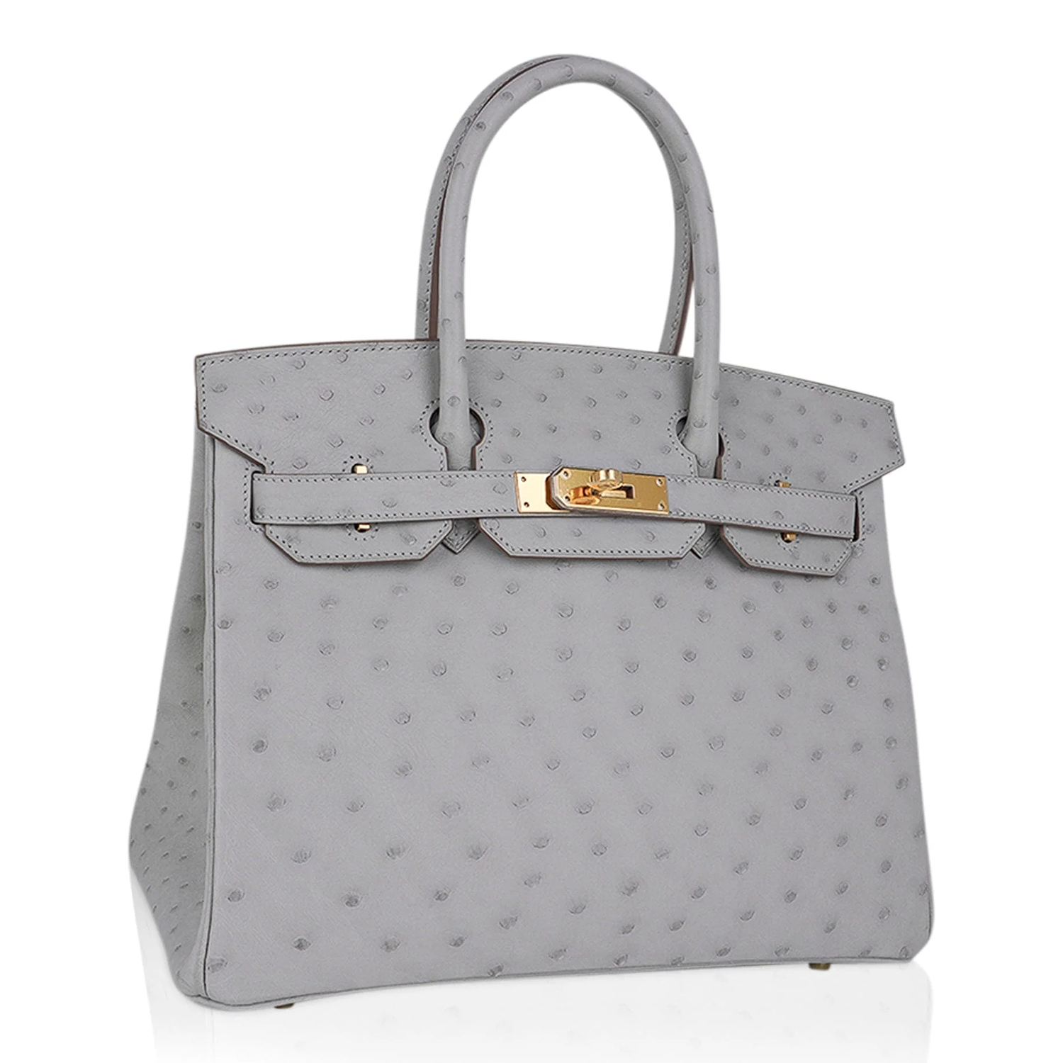 Gentle Pale Pearl Grey Speckled Medium Structured Trapezoid Tote With Radiant Warm Golden Twist Lock Hardware And Suspended Textured Metal Padlock Charm