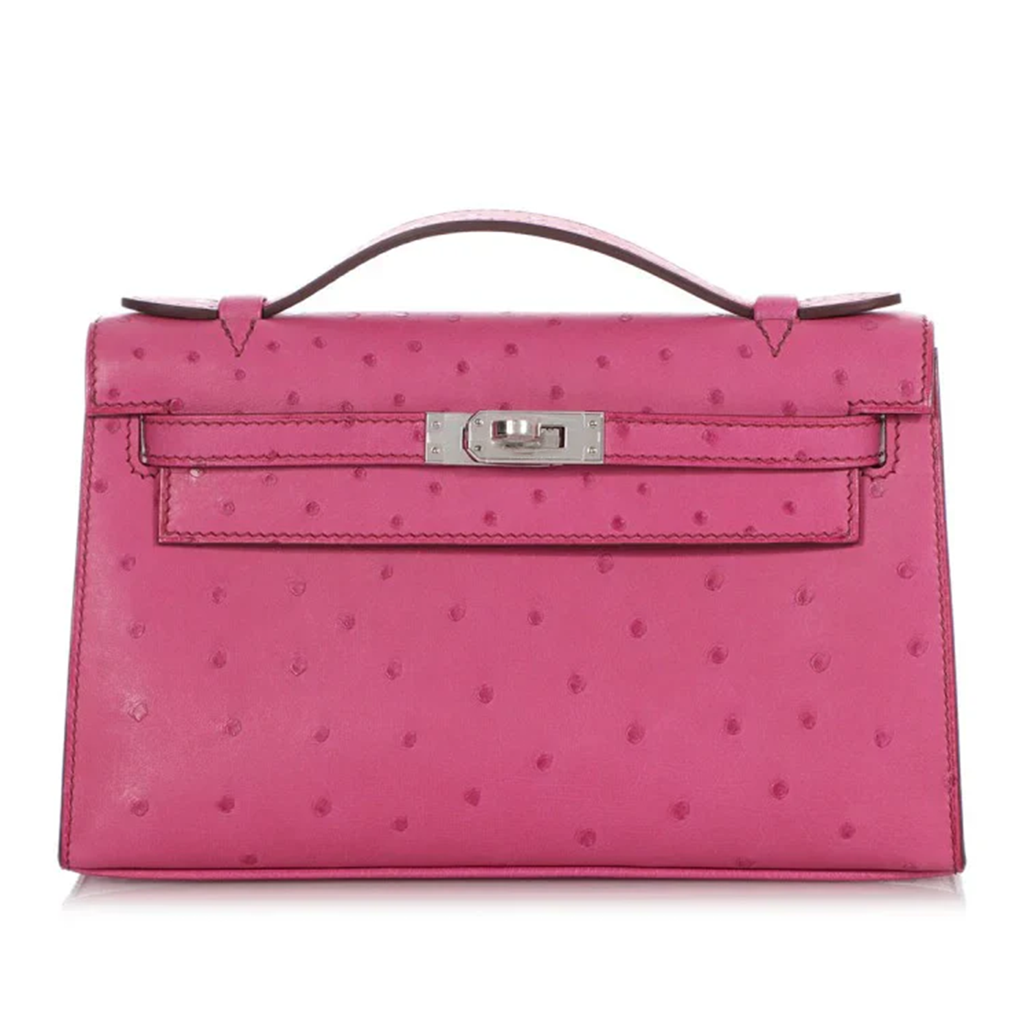 Vivid Fuchsia Pink Speckled Slim Rectangular Mini Hand Pouch With Sleek Silvery Twist Lock Hardware And Delicate Curved Top Carry Handle