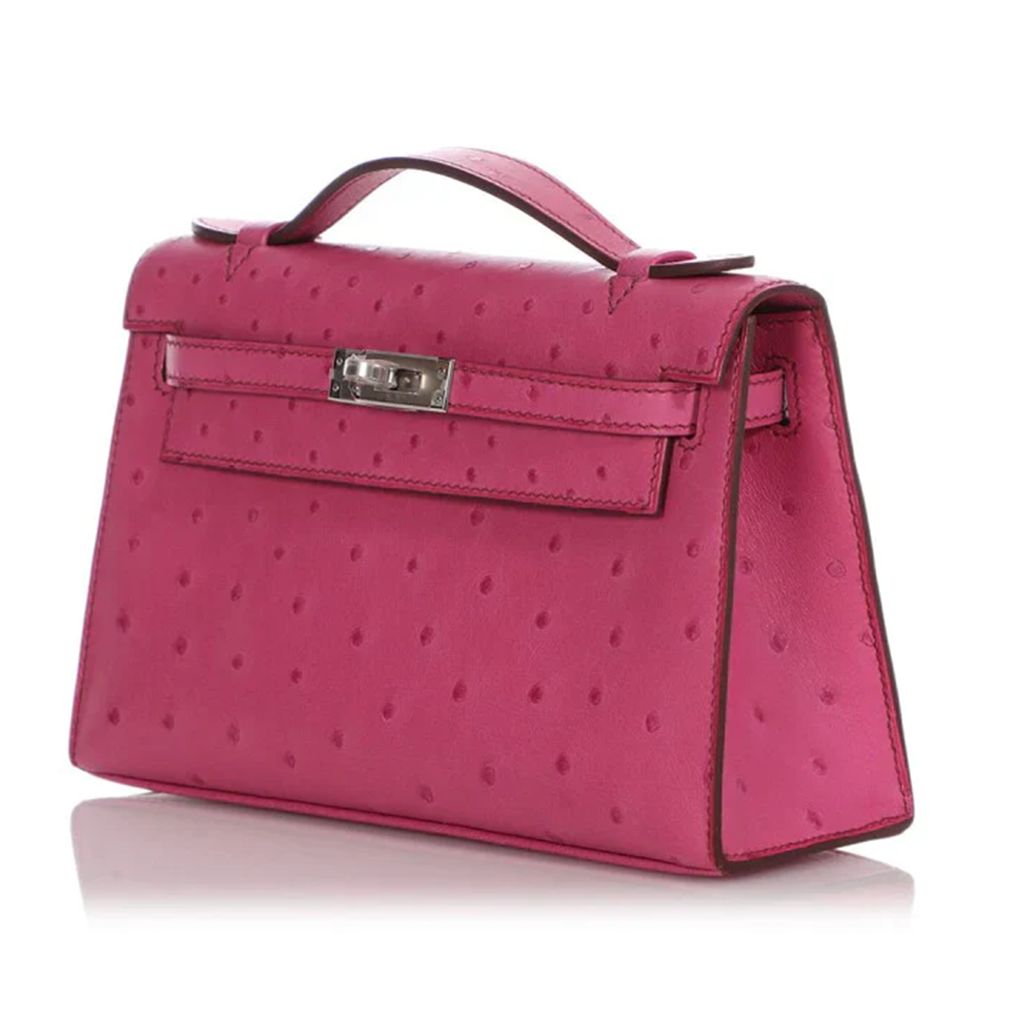 Vivid Fuchsia Pink Speckled Slim Rectangular Mini Hand Pouch With Sleek Silvery Twist Lock Hardware And Delicate Curved Top Carry Handle